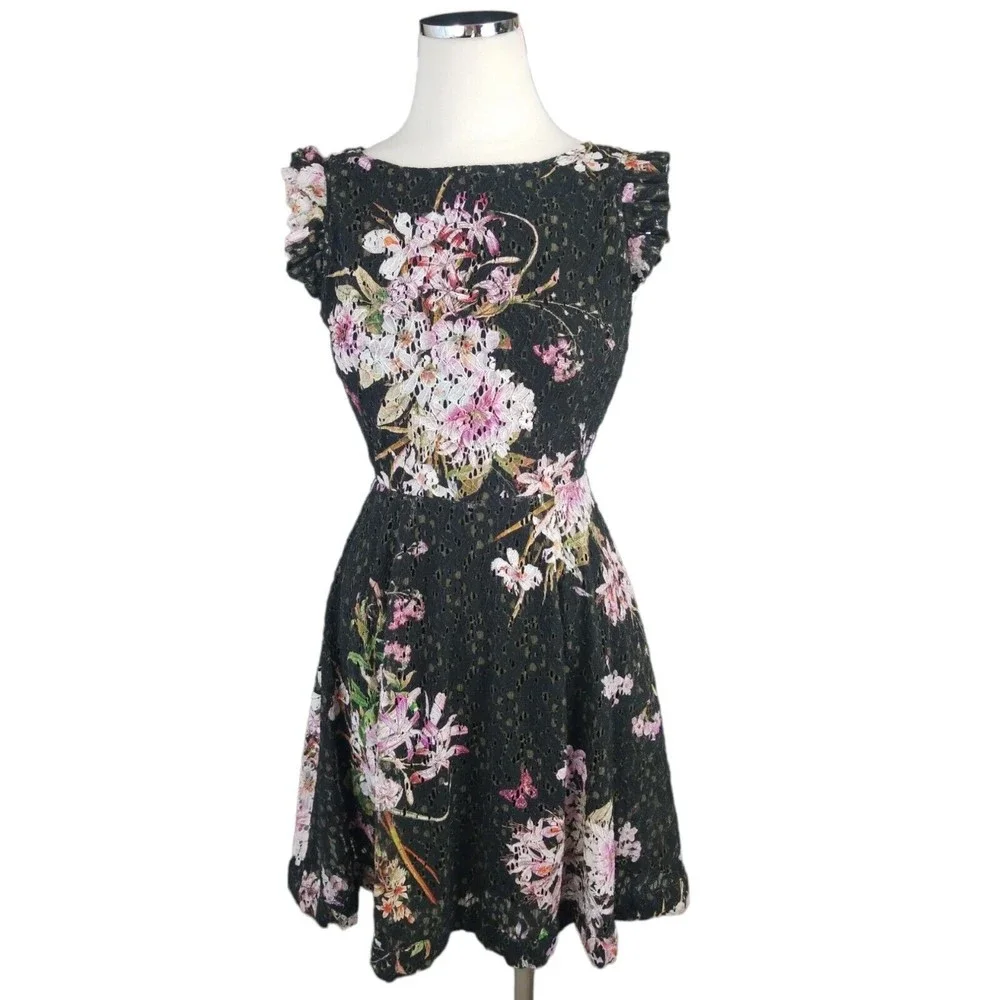 Anthropologie Eri +Ali Black Floral Lace Dress 4 Nevaeh Ruffle Cap Sleeve